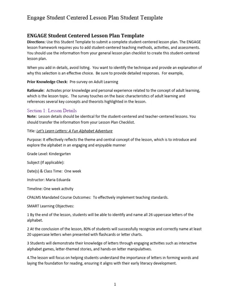 ENGAGE Student Centered Lesson Plan Template PDF Learning Teaching Method