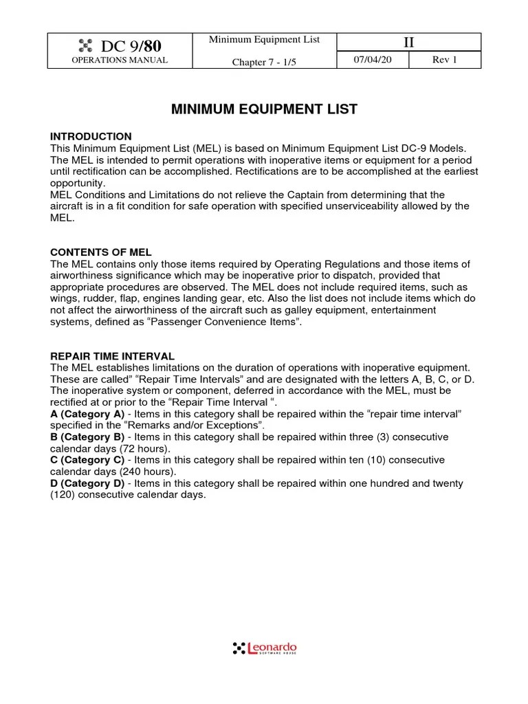 07_Minimum Equipment List PDF Aeronautics Manufactured Goods