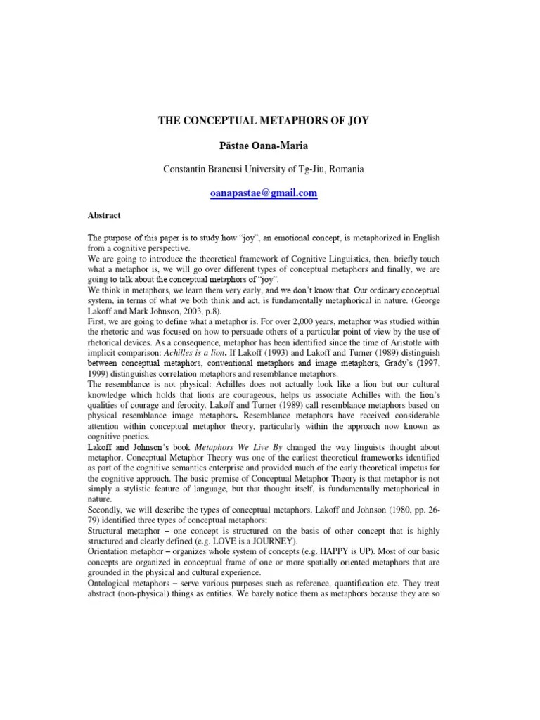 The Conceptual Metaphors of Joy PDF Metaphor Concept