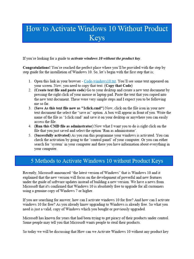 How To Activate Windows 10 Without Product Keys PDF Windows 10