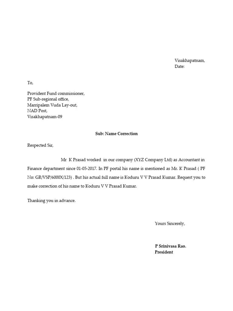 PF Name Correction Letter Format PDF
