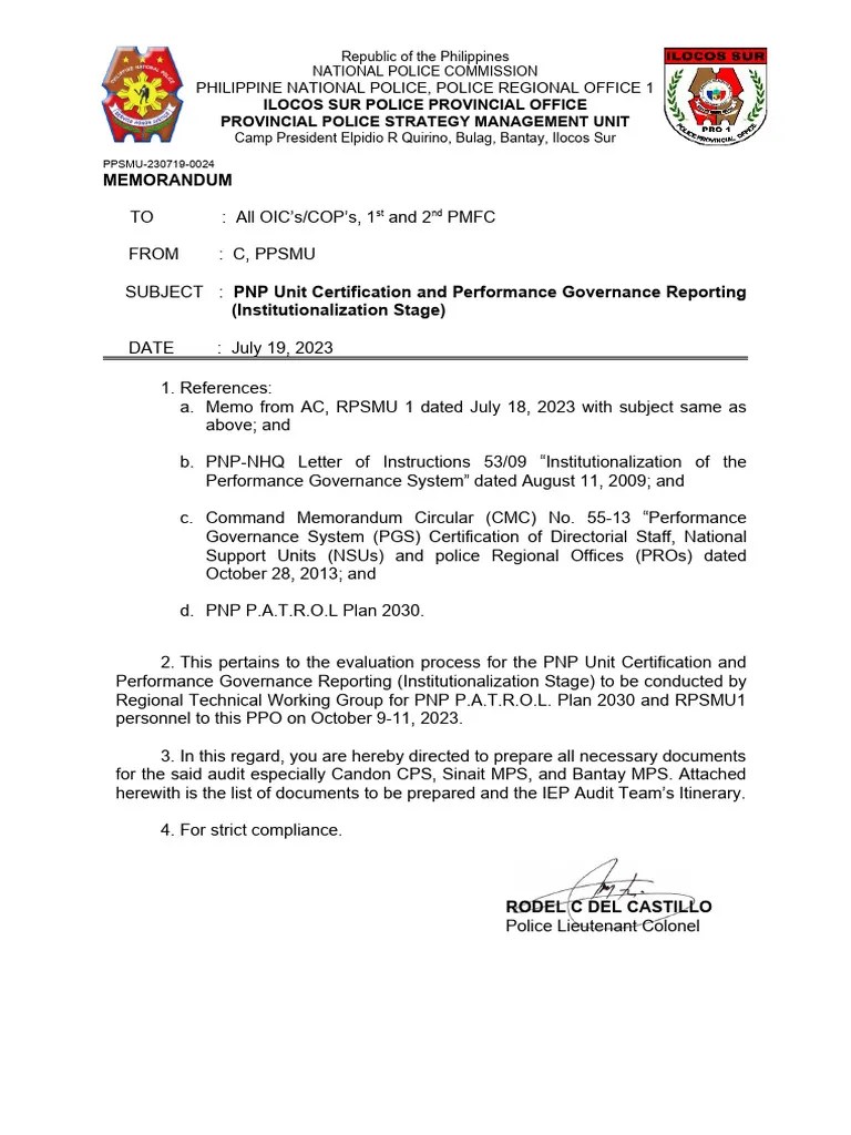 Memo PNP Unit Certification and Performance Governance Reporting