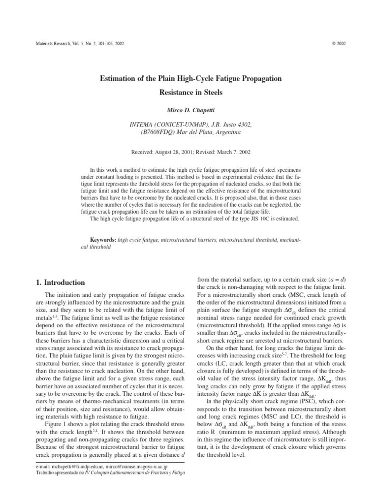 Estimation of the Plain HighCycle Fatigue Propagation Resistance in