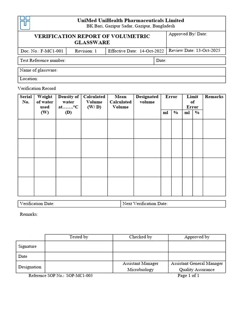 FMC1001 (Rev1) (VERIFICATION REPORT OF VOLUMETRIC GLASSWARE) PDF