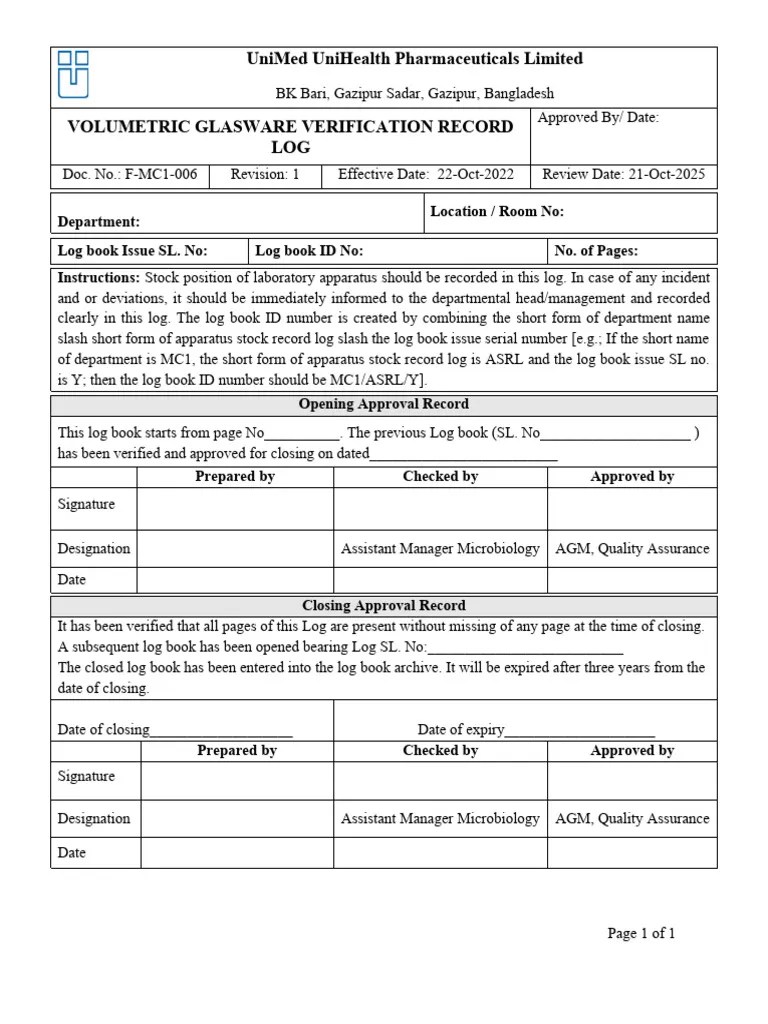 FMC1006 (Rev1) (VOLUMETRIC GLASSWARE VERIFICATION RECORD LOG) PDF