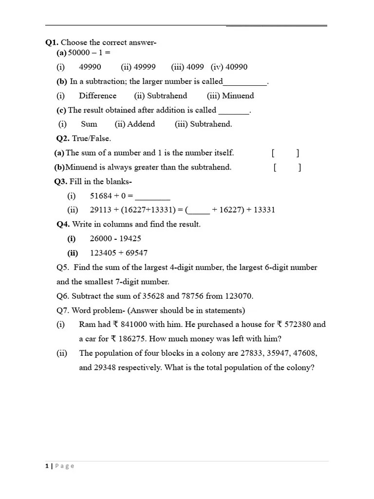 Class 4th Maths Worksheet3 PDF