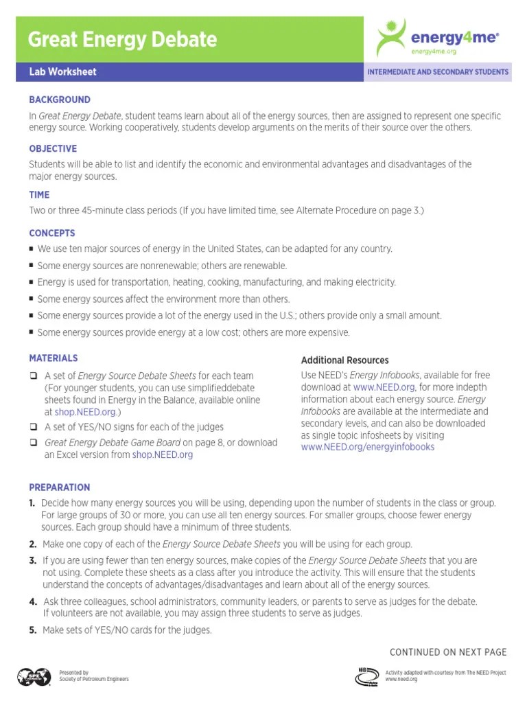 Great Energy Debate Worksheet PDF