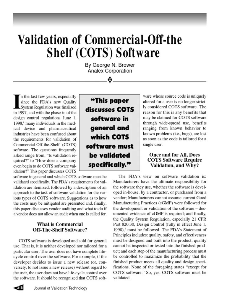 Validation of CommercialOffthe Shelf (COTS) Software PDF