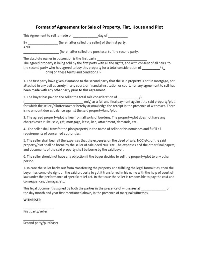 Format of Agreement For Sale of Property 075420 Download Free PDF