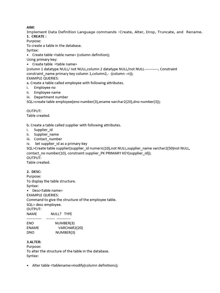 Aim 1. Create Implement Data Definition Language Commands Create
