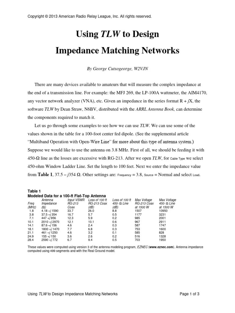 Using TLW To Design Impedance Matching Networks W2VJN PDF