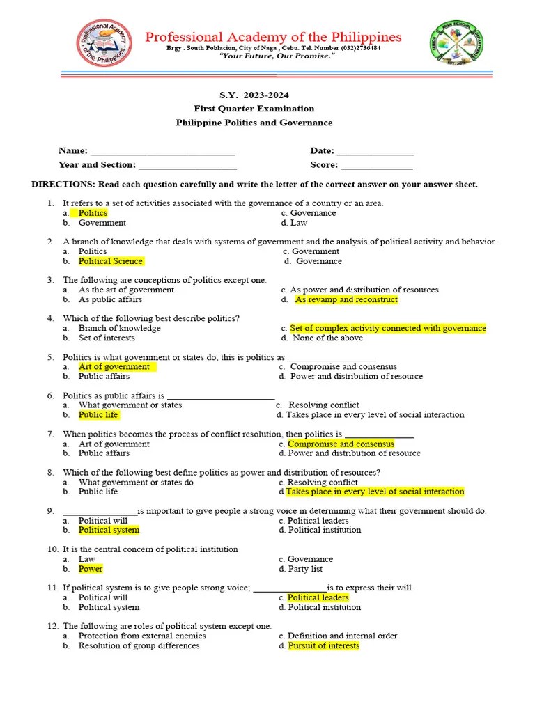 _1st_Quarterly_Exam_in_Philippine_Politics_Sy_2023_2024_Answer_Key | PDF