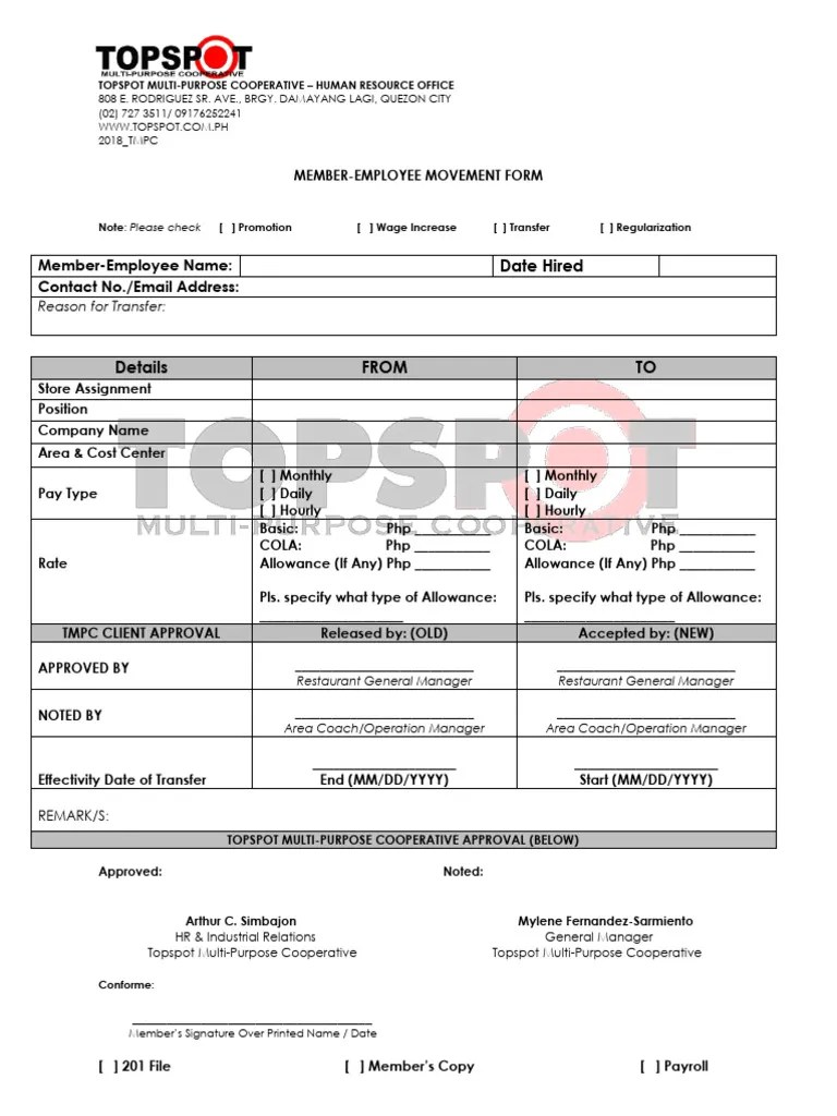 TMPC EMPLOYEE MOVEMENT FORM PDF Economies Business