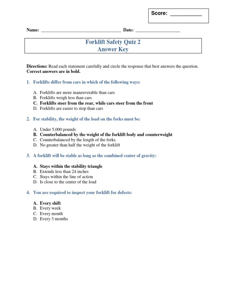 Forklift Safety Quiz Answer Key PDF