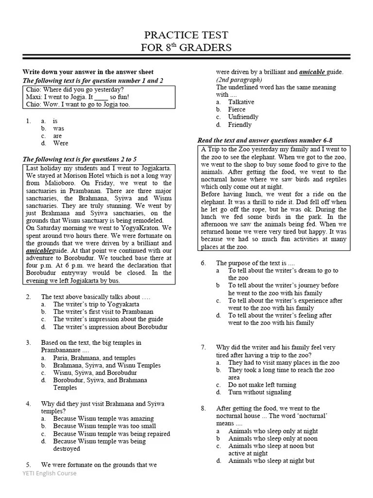Practice Test grade 8 + answer key PDF
