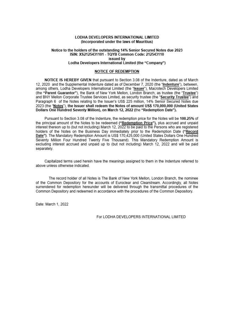 Redemption Notice To Note Holders and Trustee PDF