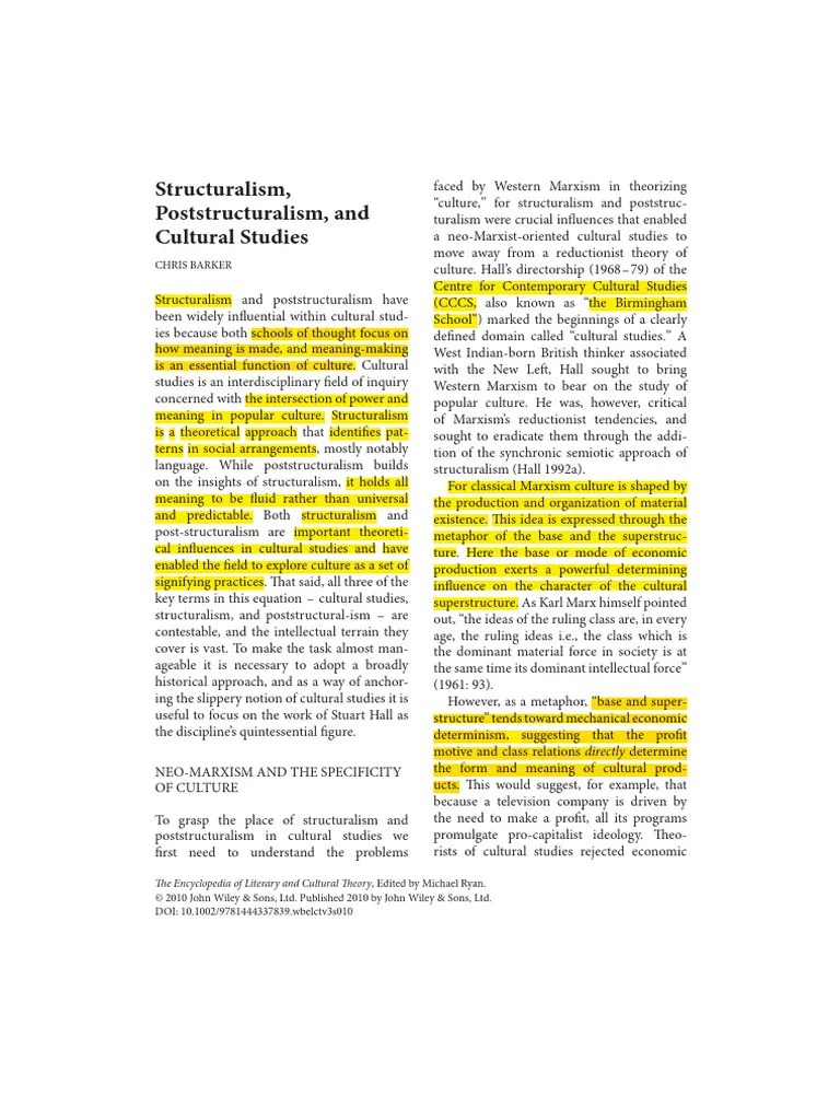 Structuralism Poststructuralism and Cultural Studies PDF Cultural