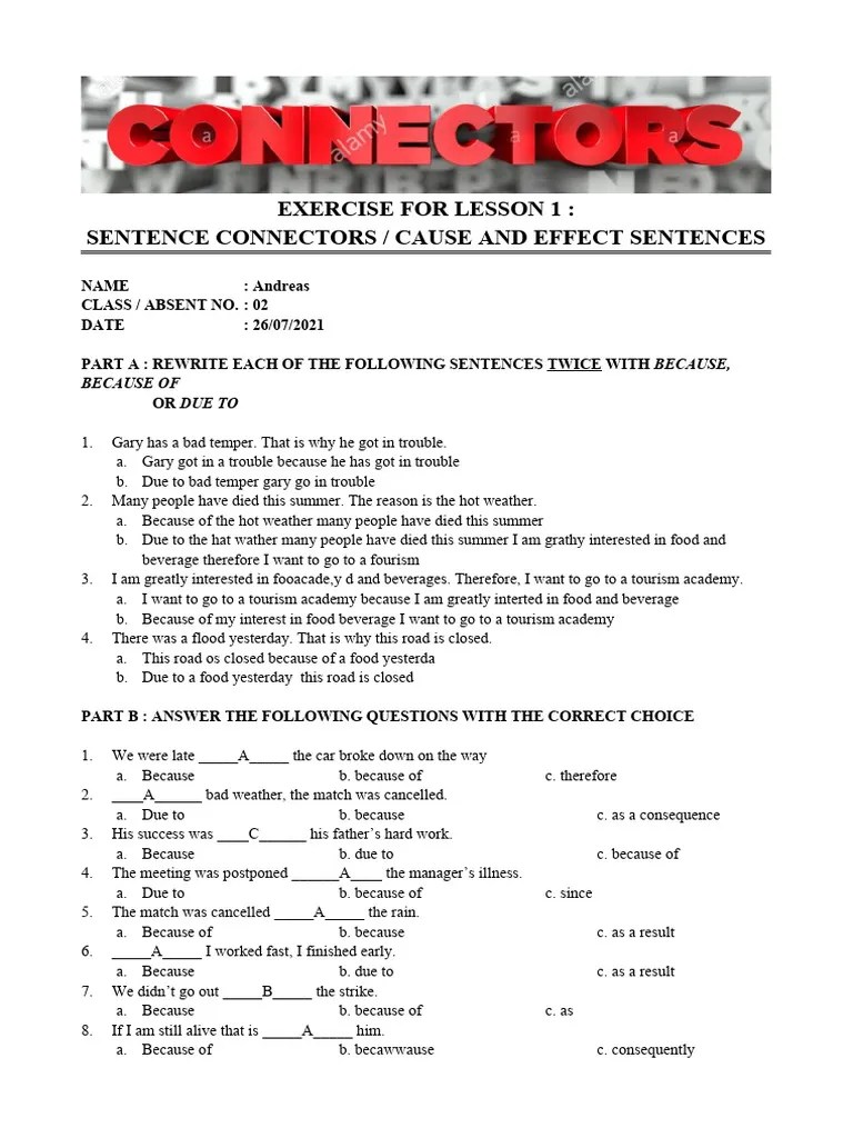 Exercise For Lesson 1 Cause and Effect Sentence Connectors PDF