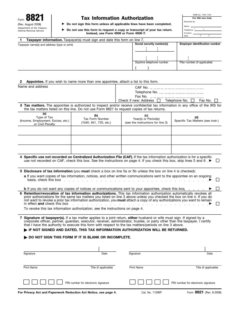 IRS Form 8821 Tax Info Authorization PDF Internal Revenue Service