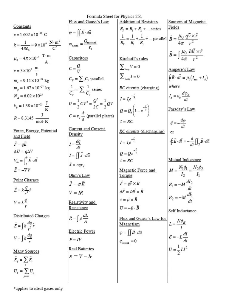Formula Sheet 1 | PDF