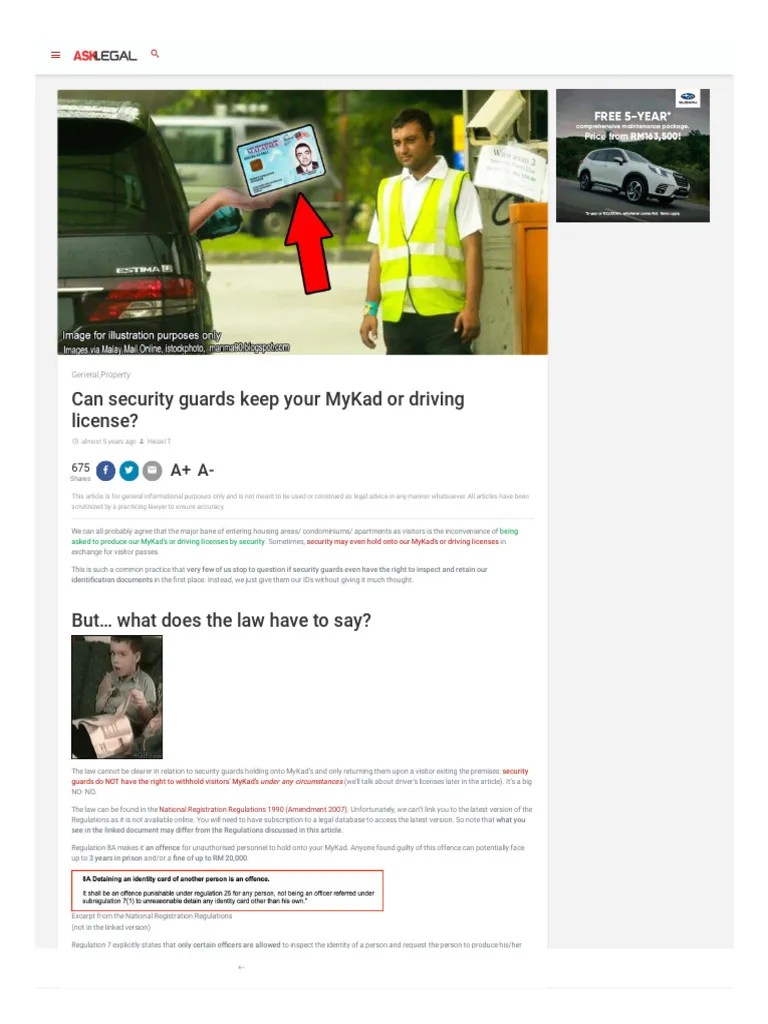 Asklegal My P Can Security Guard Malaysia Retain MYKAD License