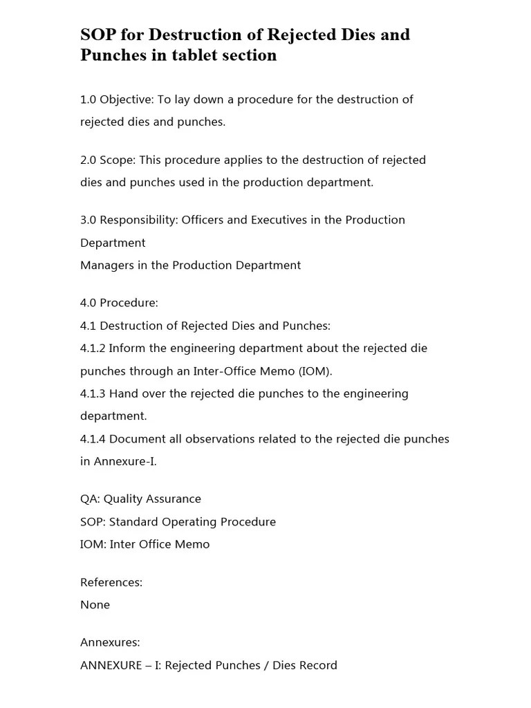 SOP For Destruction of Rejected Dies and Punches in Tablet Section PDF