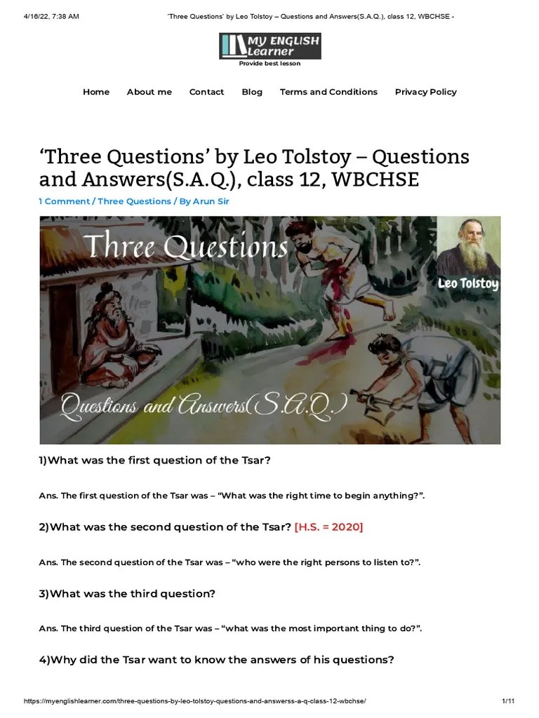 Three Questions' by Leo Tolstoy Questions and Answers (S.a.Q.), Class