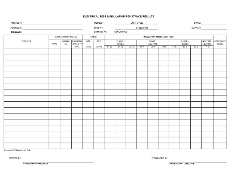 Insulation Resistance Test Form PDF