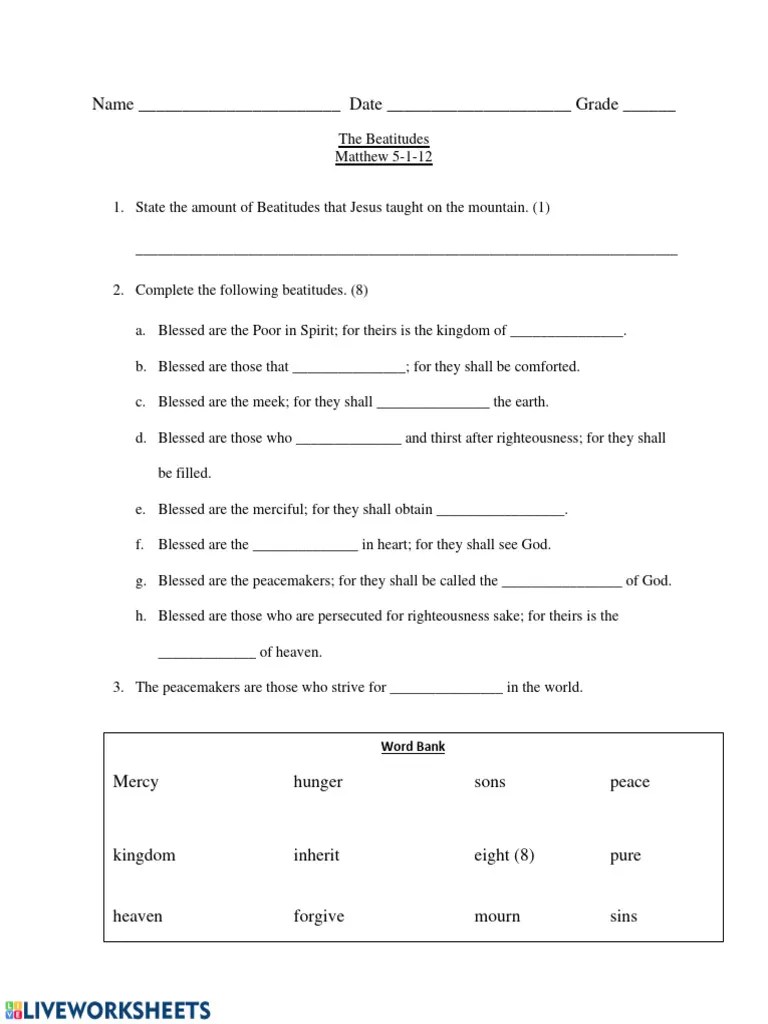 Beatitudes Worksheet PDF