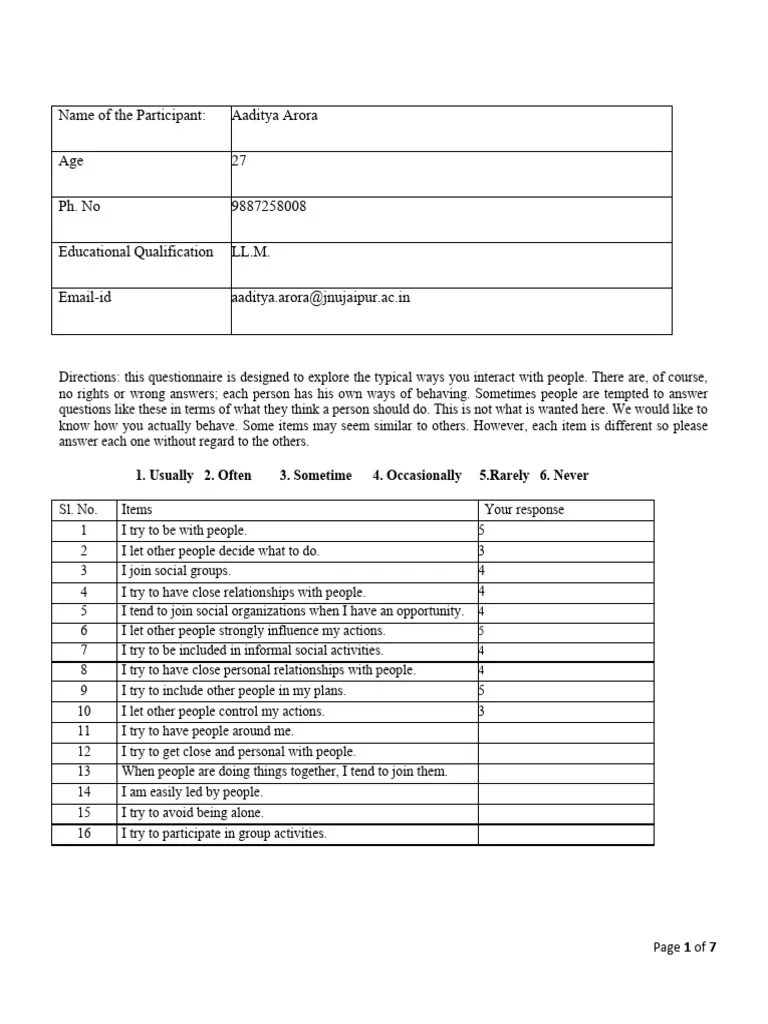 FIROB Psychometric Test PDF