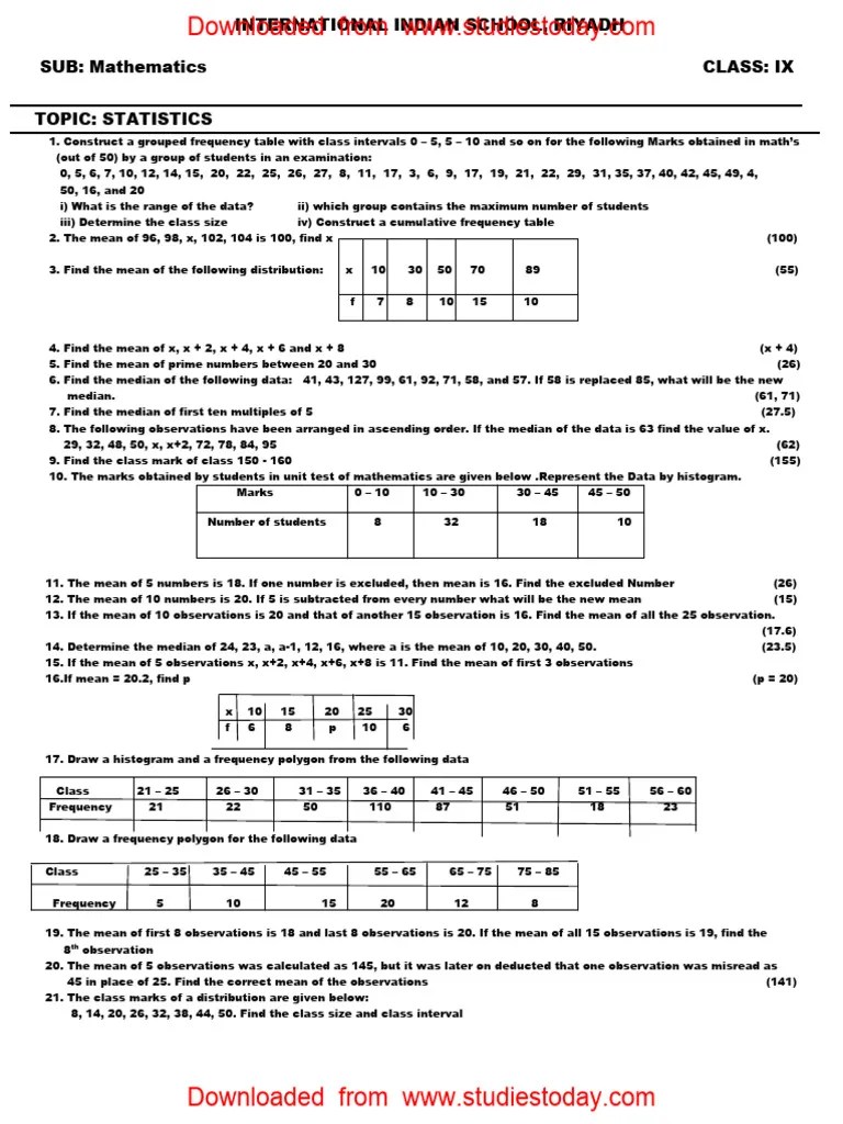CBSE Class 9 Mathematics Worksheet - Statistics | PDF