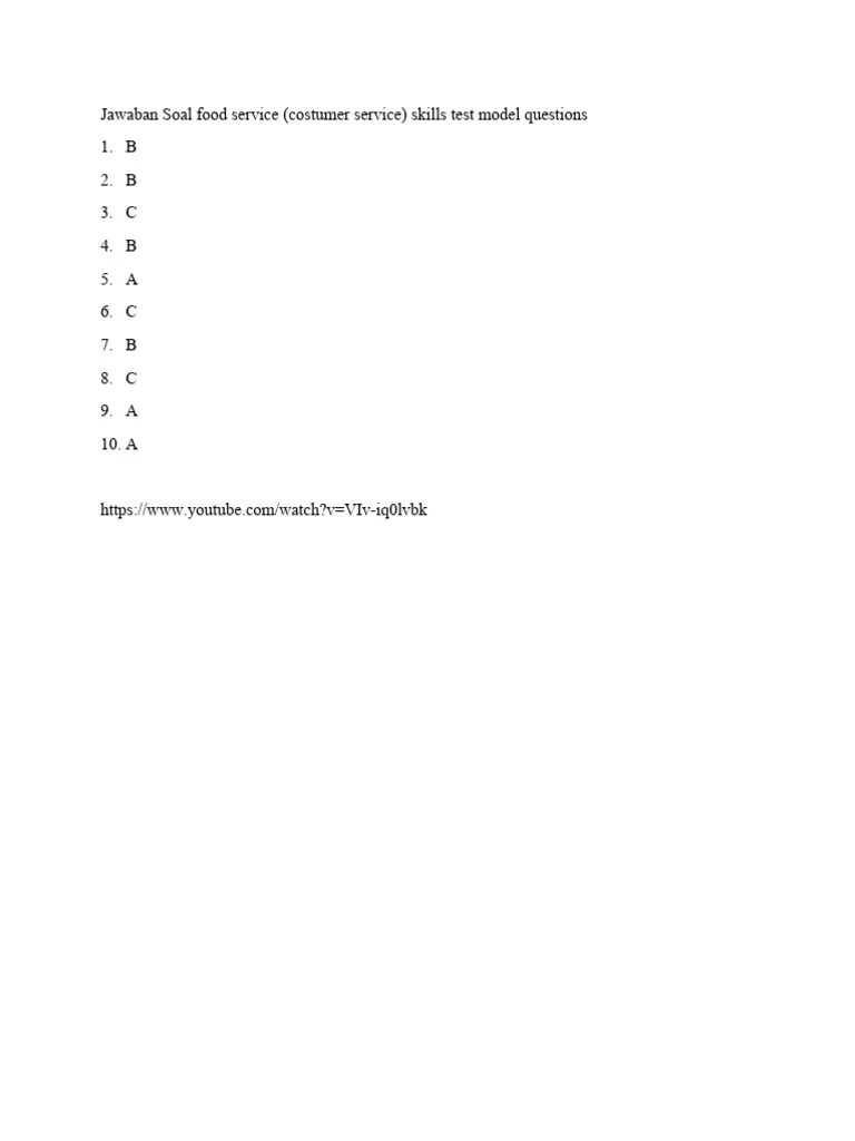Jawaban Soal Food Service (Costumer Service) Skills Test Model