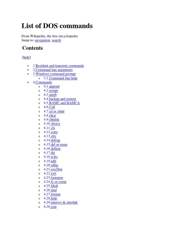 List of DOS Commands Command Line Interface Dos