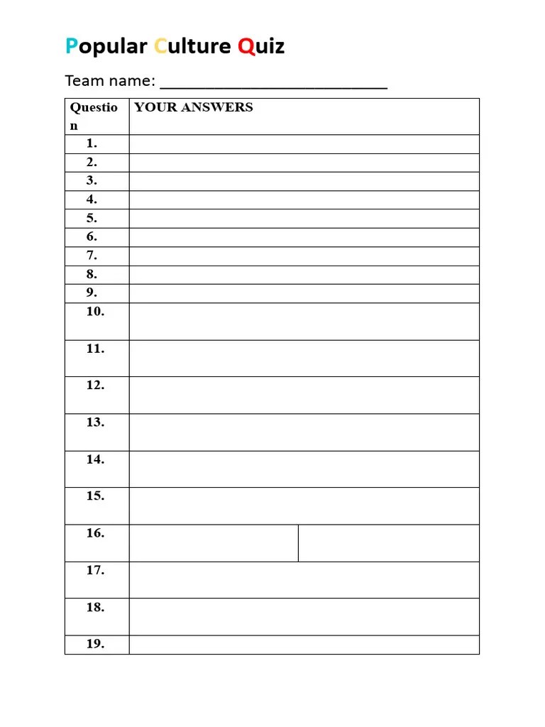 Popular Culture Quiz Answer Sheet PDF