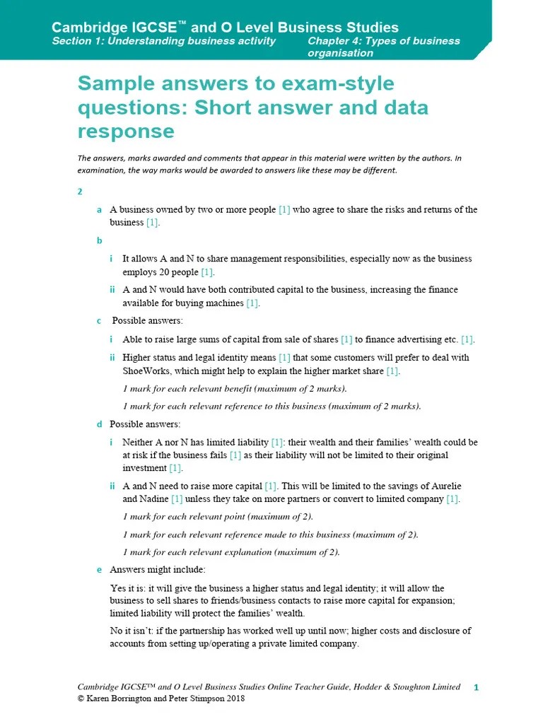 Chapter 4 Types of Business Organisation Sample Answers To Short