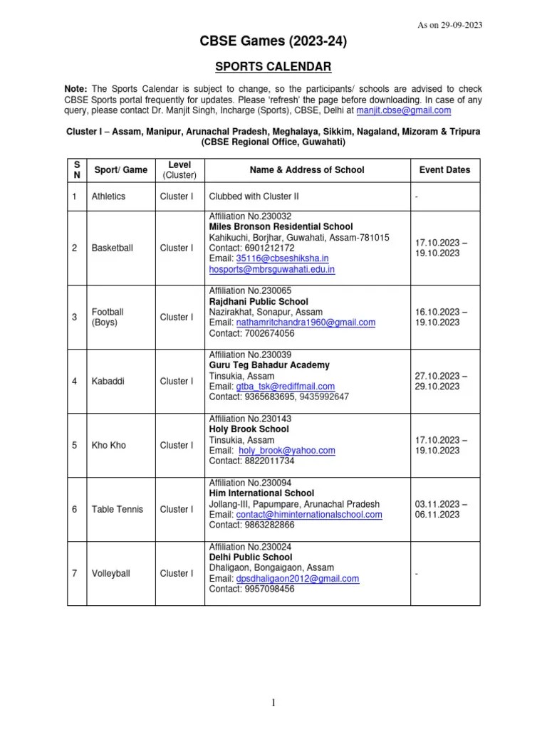 CBSE Sports Calendar 2023 24 PDF