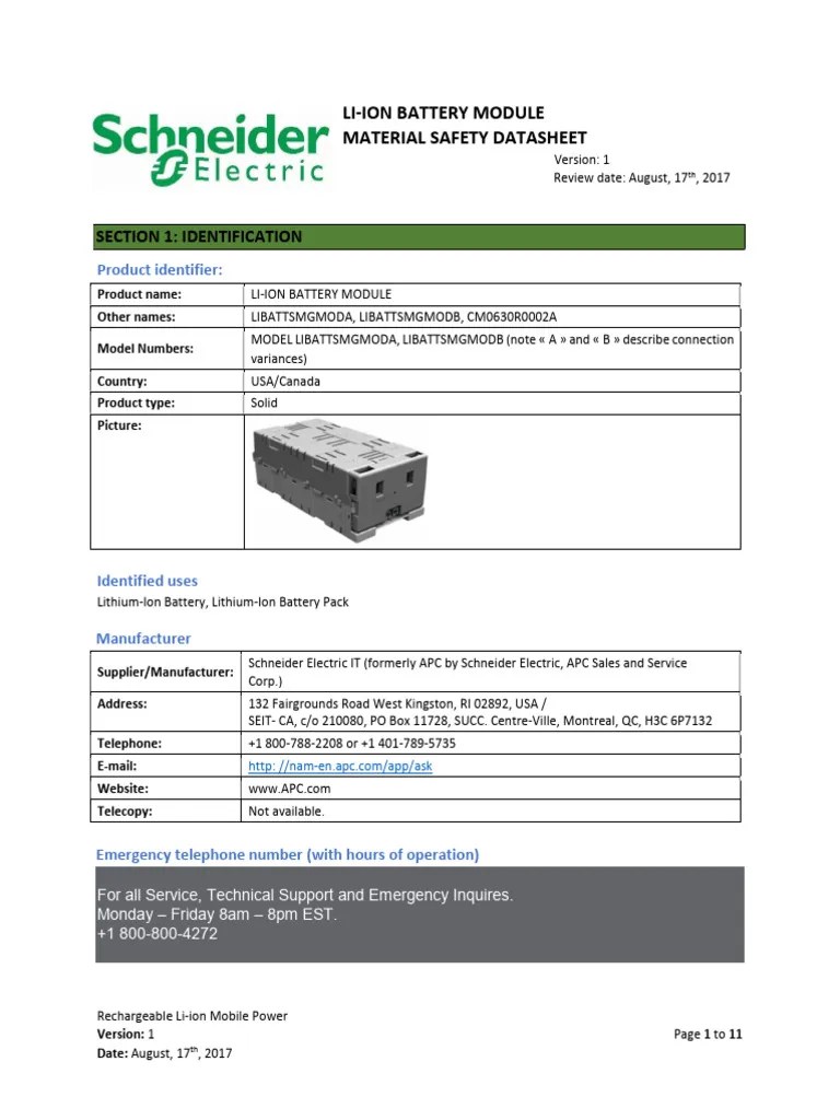 ACOSB8UV5T R0 EN APC UPS Battery MSDS PDF Lithium Ion Battery