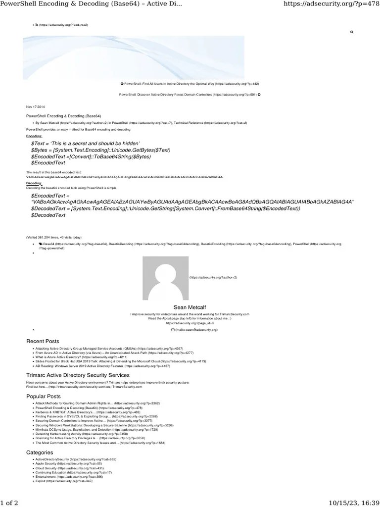 PowerShell Encoding & Decoding (Base64) Active Directory Security PDF