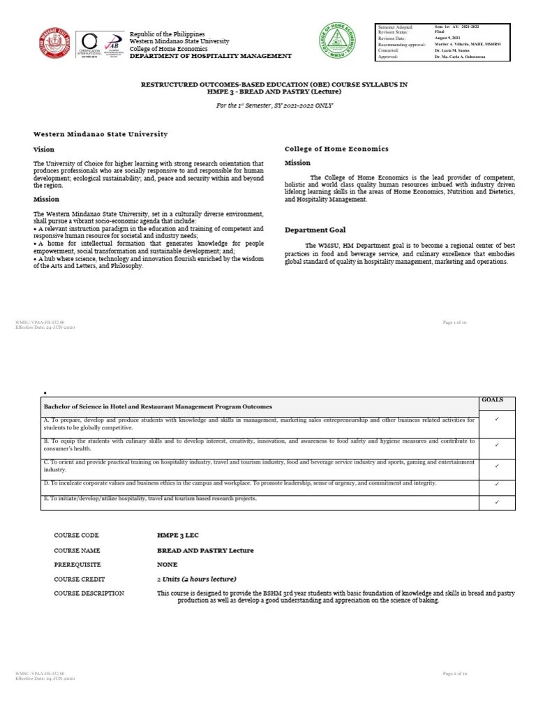 Bakery and Pastry LEC Restructured Syllabus 1st Sem SY20 21 Final To