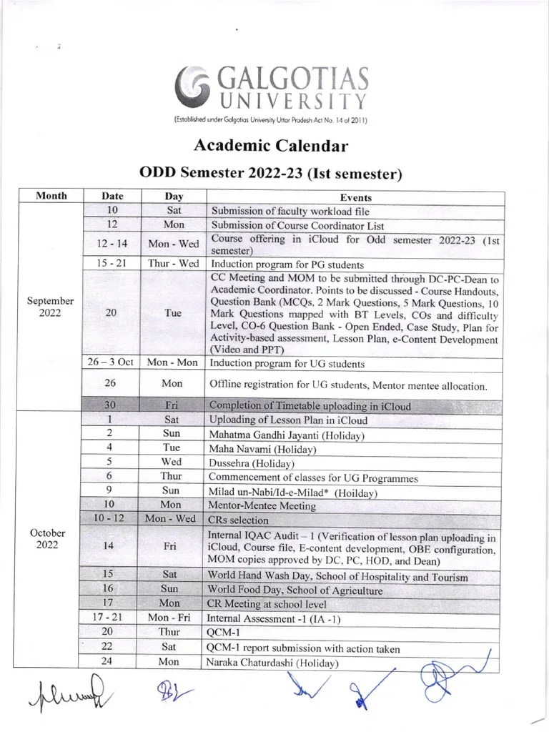 Calendar of Events For ODD Semester 202223 (First Semester) PDF