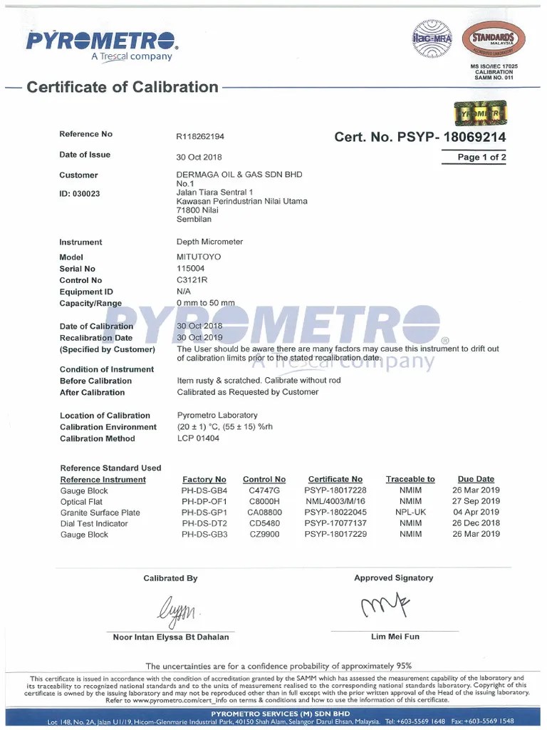 ManufacturingEquipment Calibration Certificate PDF