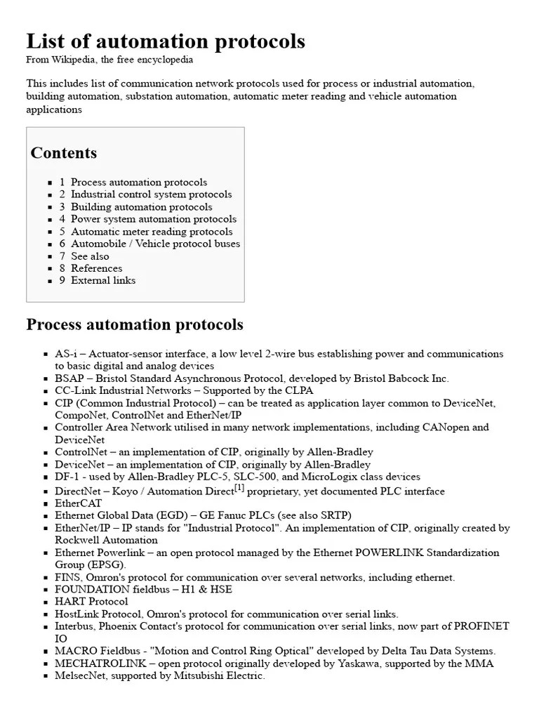 List of Automation Protocols Wikipedia, The Free Encyclopedia PDF