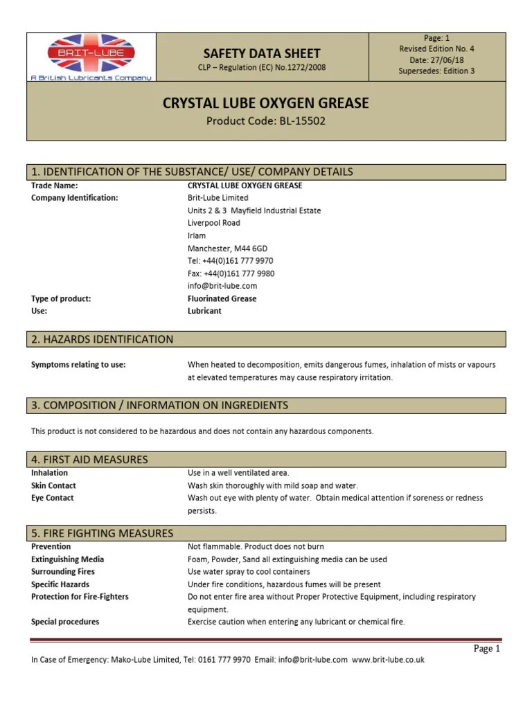 BL15502 Ultra Tek Crystal Lube Oxygen Grease SDS PDF Water