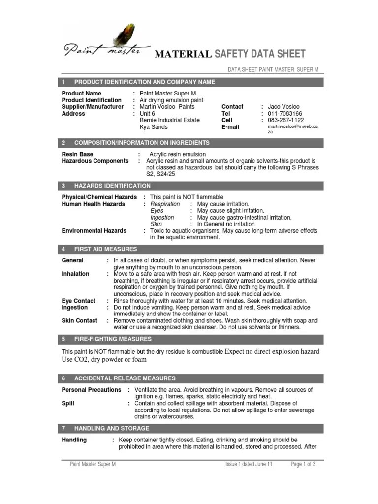 Material Safety Data Sheet PDF Paint Safety