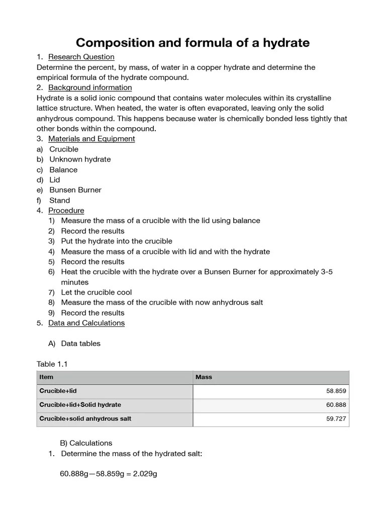Lab Report (Unknown Hydrate) PDF Chemical Compounds Water