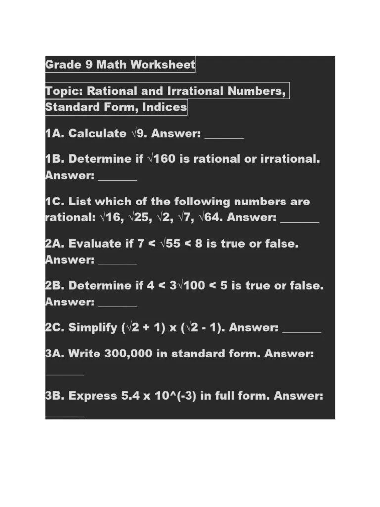 Grade 9 Math Worksheet 1 PDF