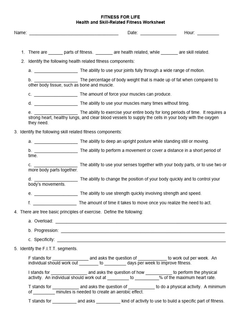 Health & Skill Related Fitness Worksheet PDF