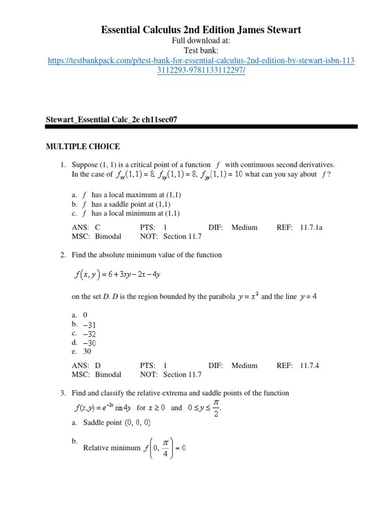Essential Calculus 2nd Edition James Stewart Test Ban 1 PDF