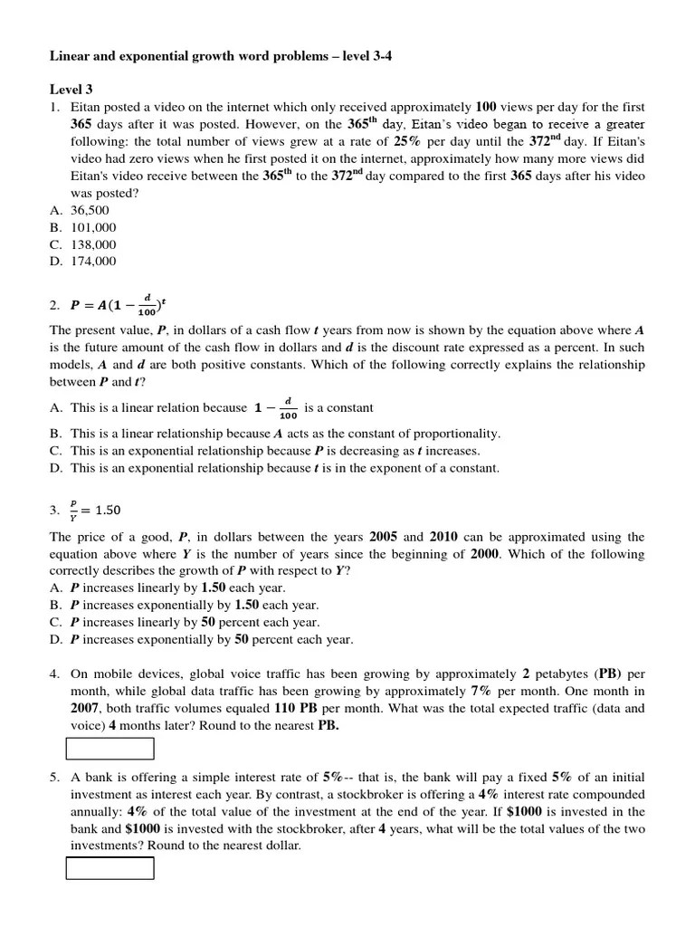 Linear and Exponential Growth Word Problems - Level 3-4 | PDF