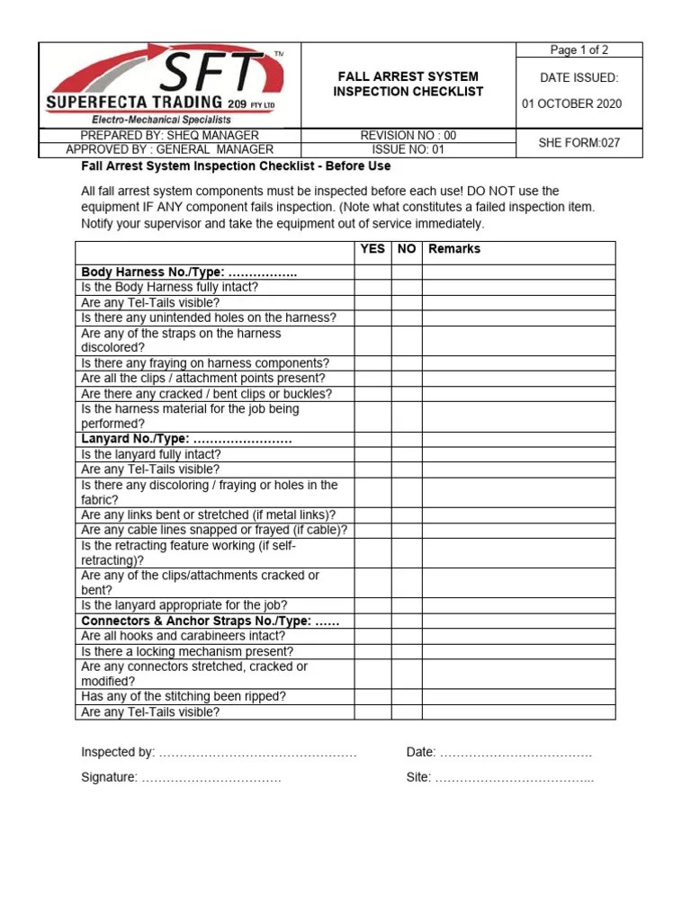 Fall Arrest System Inspection Checklist PDF